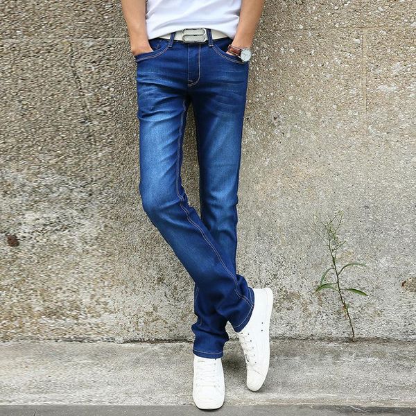

men's jeans slim stretch fashion solid color classic style denim trousers, Blue