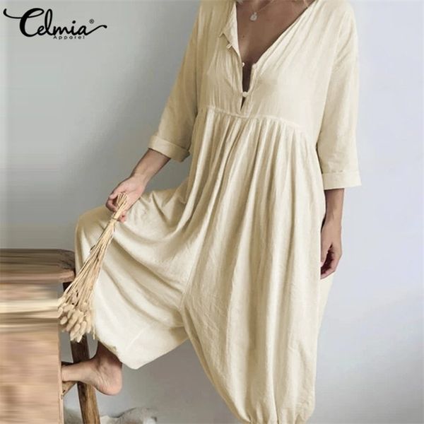 

celmia women long sleeve jumpsuits oversized baggy romper autumn vintage harem pants drop-crotch playsuit casual loose overalls, Black;white