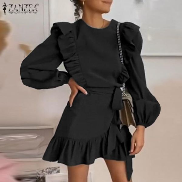 

casual dresses 2021 spring sundress women ruffle dress zanzea fashion bandge mini vestidos female solid puff sleeve o-neck sarafans 5xl, Black;gray
