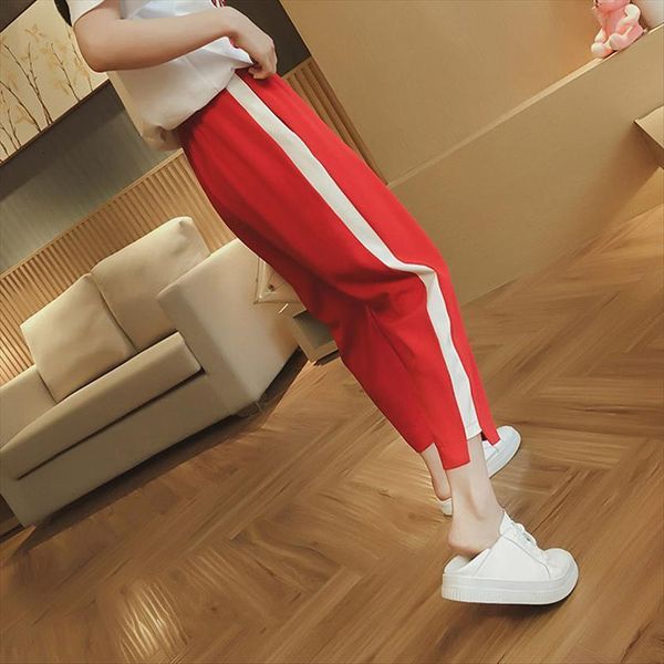 

summer large size loose womens pants high waist ankle length thin 200 jin fat sister slimming sports female, Black;white