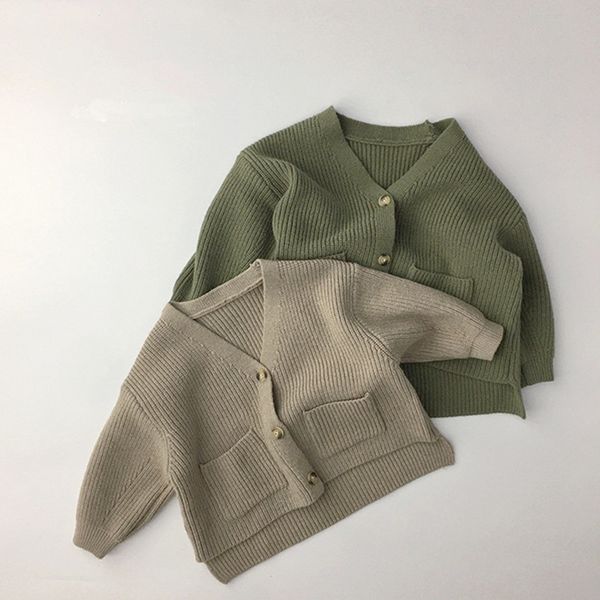 

korean style 2021 spring baby boys knitted cardigan sweaters pockets solid colors coats toddlers kids sweater children clothes, Blue
