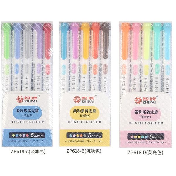 

highlighters 5 colors/set double headed highlighter pen fluorescent markers mild liner pens art marker japanese stationery, Black;red