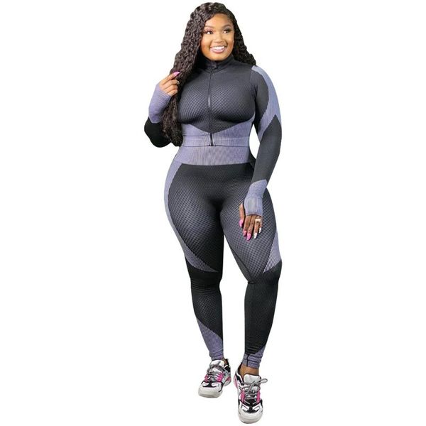 

seamless sports suit plus size two-piece set women color print stitching long sleeve+pants outdoor running push up fitness yoga outfit