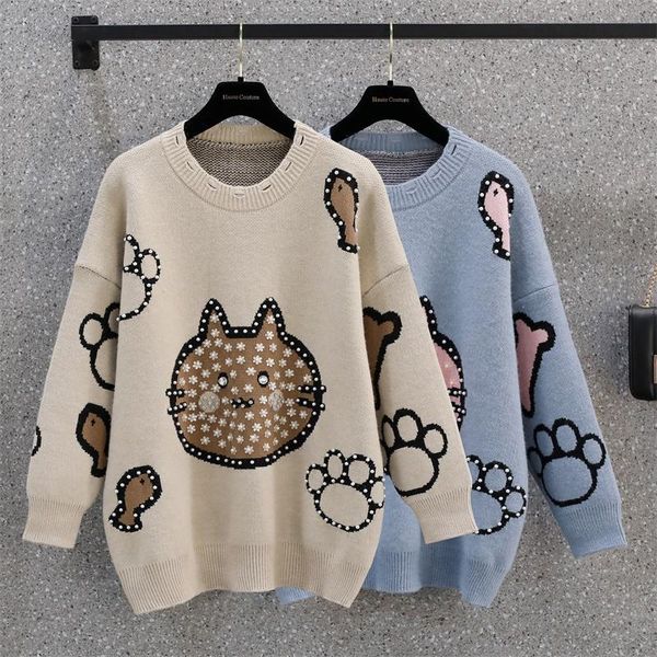 

women's sweaters pullover loose sweater thicken cartoon nail bead cute autumn winter o-neck knitted for women jumpers female casual mul, White;black