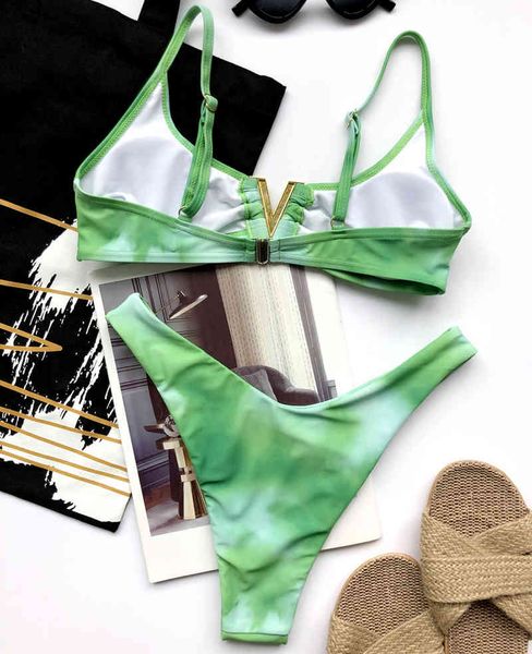 

2021 v ne mid waist female swimsuit women thong swimwear two-pieces bikini set tie dye printed bather bathing suit swiming