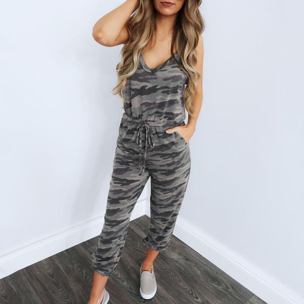 

women's jumpsuits & rompers spaghetti strap long jumpsuit summer v-neck camouflage print tracksuit ladies casual lace up slim playsuits, Black;white