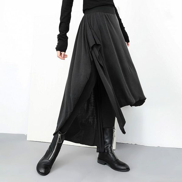 

women's pants & capris 2021 spring summer high elastic waist loose black false two irregular stitch women trousers fashion tide, Black;white