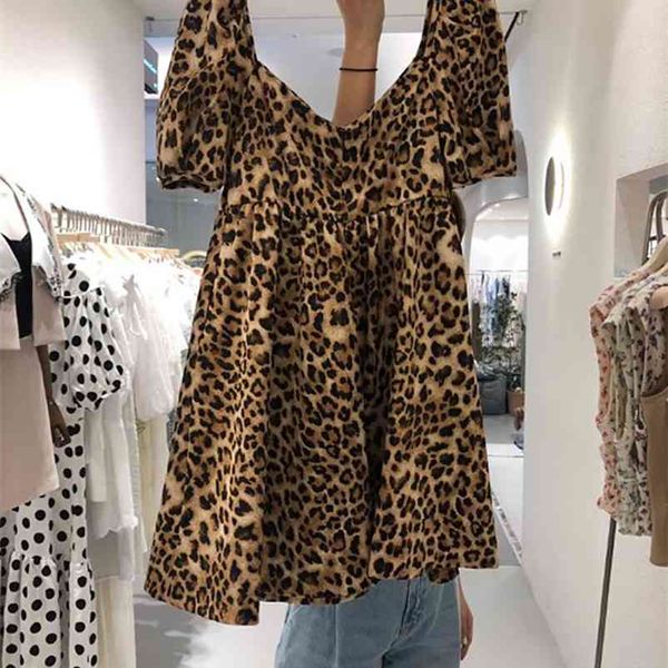 

korea women's summer loose-fitting side collar elastic waist leopard print stitched short-sleeved dress 210615, Black;gray