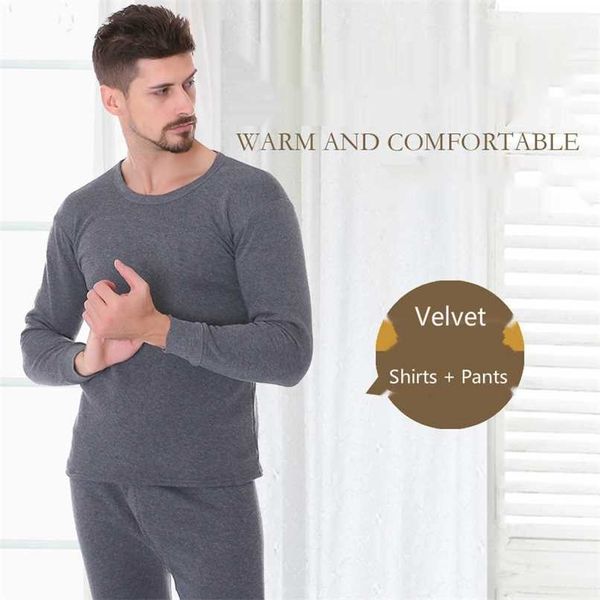 

autumn winter men's thermal underwear suits brushed thick keep warm bottoms fleece long johns underpants undershirts set 211110, Black;white