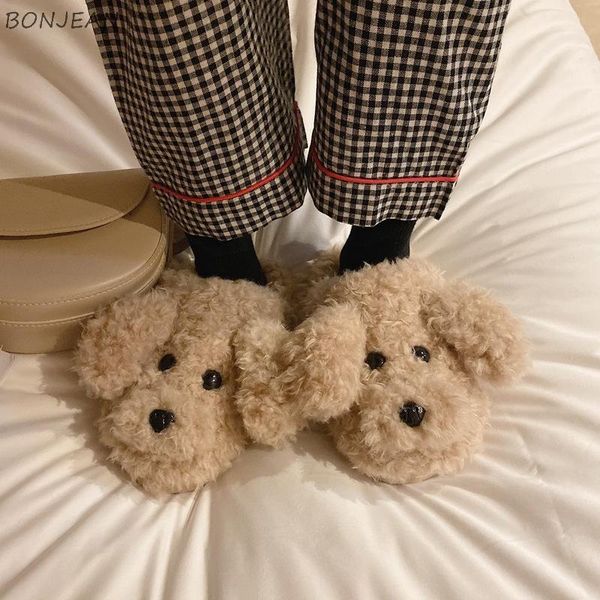 

winter cartoon dog women flat slippers plush female home floor fashion closed toe women's warm comfortable ladies shoes, Black