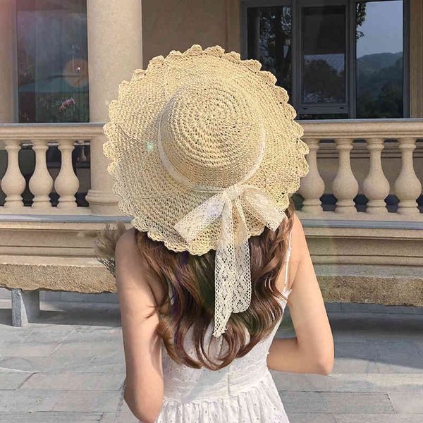 

straw hat girl fresh and versatile lace tie bow hat children's summer outing big eaves beach sun hat, Blue;gray