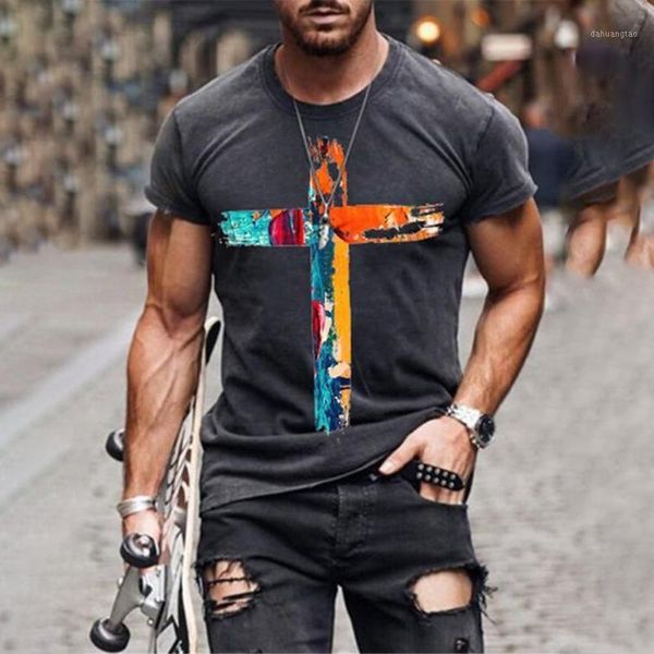 

men's oversized vintage short sleeve t shirts 2021 summer fashion harajuku colorful cross printed o collared tshirts for men t-shirts1, White;black