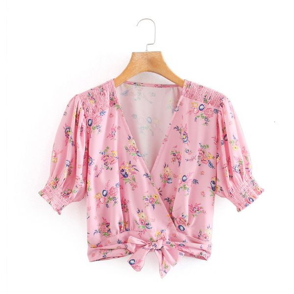 

women's blouses & shirts sweet girl v-neck pink short summer women chic floral print wasit frenulum female fashion blouse fem, White
