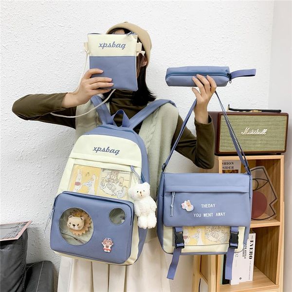 

school bags 4 pcs sets harajuku canvas schoolbags for teenage girls women shoulder kawaii college student kids book bag