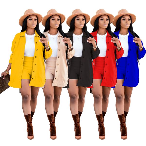 

casual fashion women clothing sets fall autumn 2 pcs trasuit long sleeve button coat + mini biker shorts office lady outfitsby, Black;white