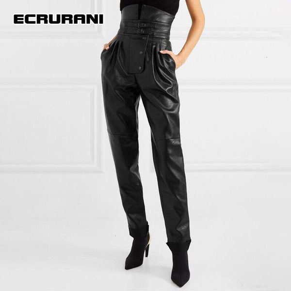 

women's pants & capris ecrurani solid casual minimalist pant for women high waist fold pleated slim pu female 2021 autumn clothing fash, Black;white