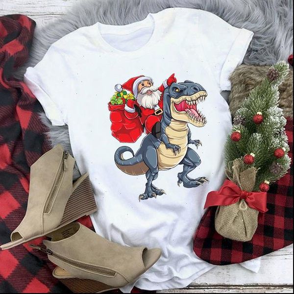 

women santa claus riding dinosaur print tee shirt funny merry christmas gift ulzzang t men all seasons suitable tshirt, White