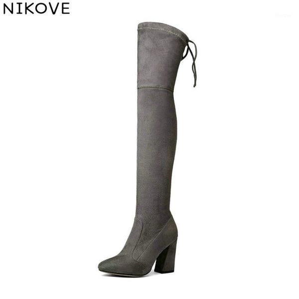 

boots nikove 2021 gray autumn over the knee pointed toe women ladies western style stretch fabric size 34-431, Black