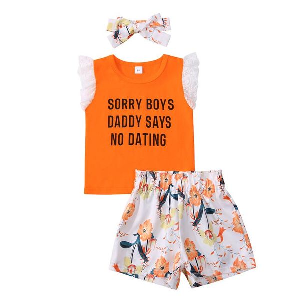

1-5 years toddler girl summer 3pcs outfits orange lace ruffle sleeve letter floral shorts headband set girls suits clothing sets, White