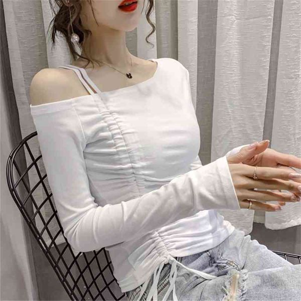 

women's t-shirt 2021 summer sloping shoulder long sleeve black white harajuku t shirt women slim plus size casual fashion wom