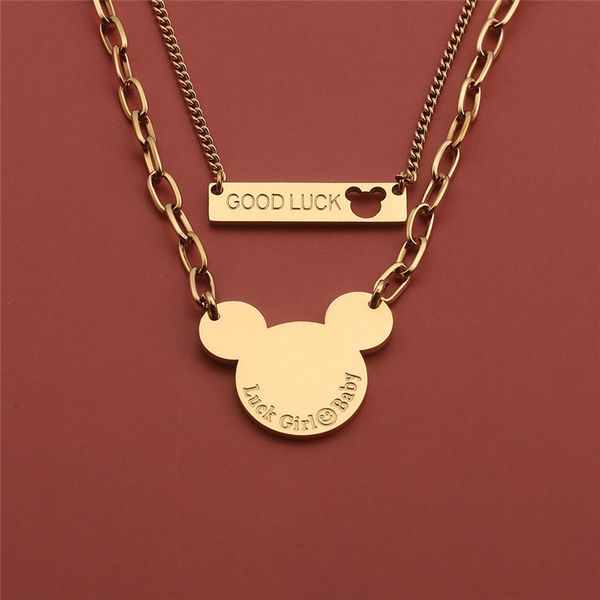 

europe and the stainless steel chain female mice pendant necklace goodluck letters tags clavicle, Silver