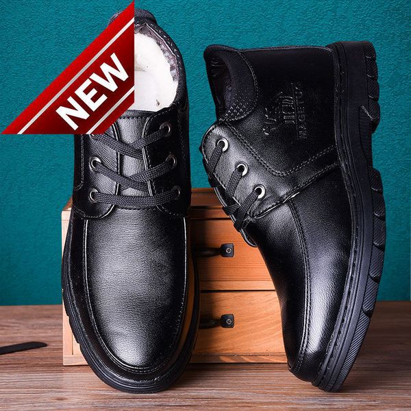 

winter cotton men's middle-aged elderly casual leather plush thickened warm and cold proof father's shoes, Black
