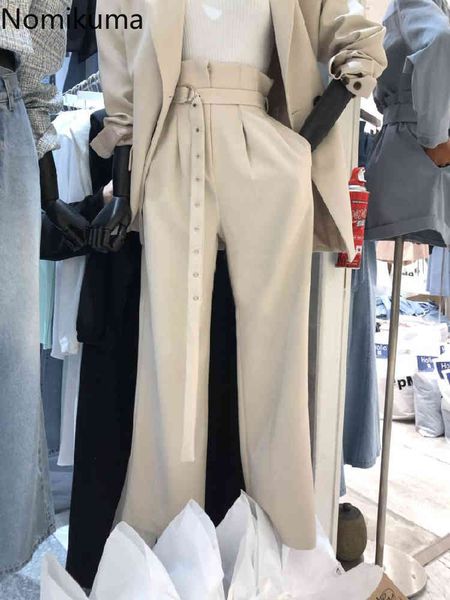 

nomikuma elegant belt high waist women pants spring women trousers causal solid straight pants mujer pantalones 6f531 210427, Black;white