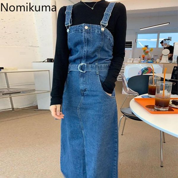 

women's tracksuits nomikuma women elegant korean two pieces outfits long sleeve o-neck slim t shirt + belt waist split demin strap dres, Gray