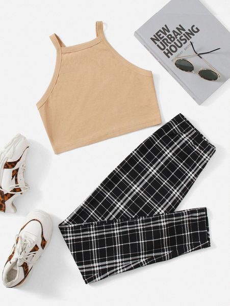 

solid crop halter & plaid leggings set y3xj#, White