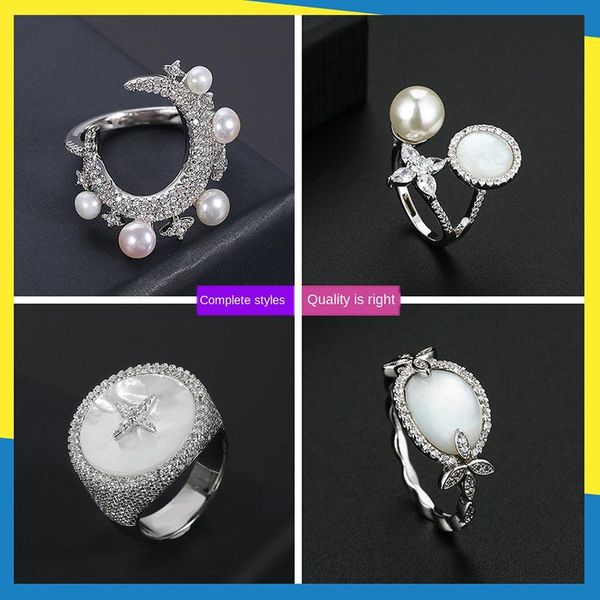 

cluster rings mother-of-pearl moon pearl diamond ring korean wave ins simple retro fresh and cute women can wear brand jewelry, Golden;silver