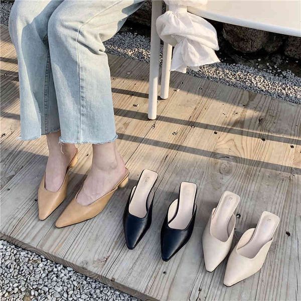 

summer women slippers pointed toe shallow slides thick mid heels fashion outdoor mules shoes lazy sandals dress shoes 35-39 210513, Black