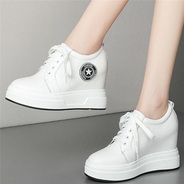 

fashion sneakers women genuine leather wedges high heel pumps shoes female lace up round toe platform ankle boots casual dress, Black