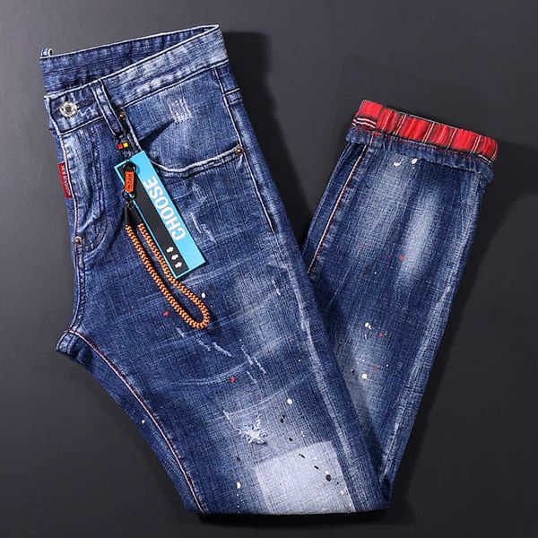 

men's jeans fashion streetwear retro blue elastic slim fit ripped designer patched red plaid pocket hip hop denim pants jg0h