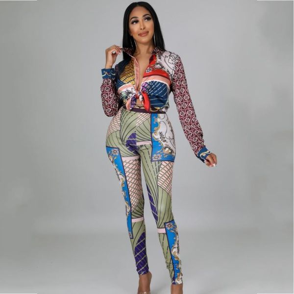 

women's two piece pants 2 set spring autumn women print long sleeve shirt blouse and sets outfits tight fashion vintage streetwear, White