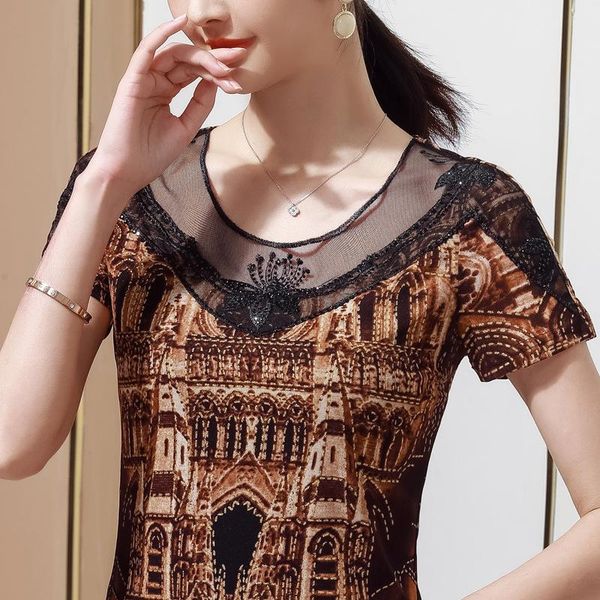

4xl plus size women's 2021 summer short sleeve print mesh t-shirt elegant slim vintage drilling blusas, White