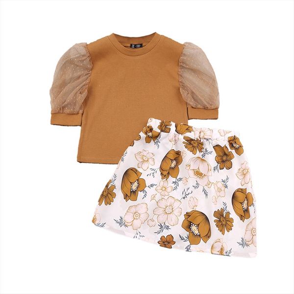 

0 6y kids baby girl clothing set puff sleeve round neck blouse flower print skirt 2pcs for vacation birthday, White