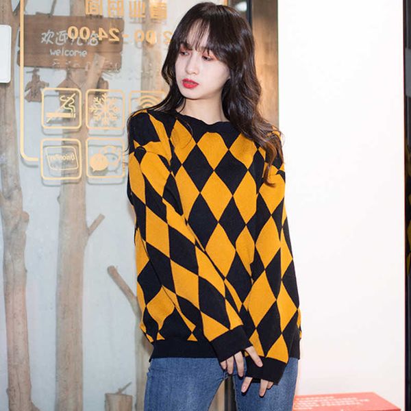 

women's sweaters vintage contrast color argyle woman autumn winter knitted loose pullover ladies jumpers mrl3, White;black