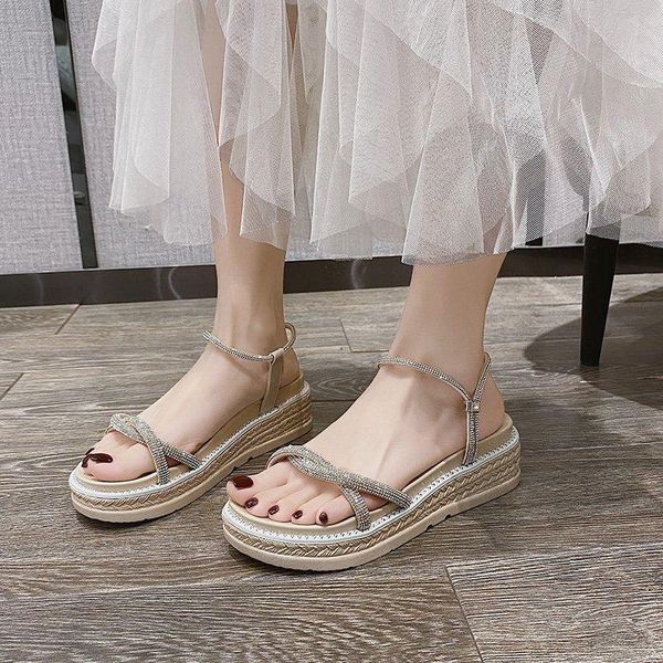 

cross clogs wedge rhinestone sandals fashion womens shoes 2021 summer heels cross-shoes med muffins shoe all-match suit female dress, Black