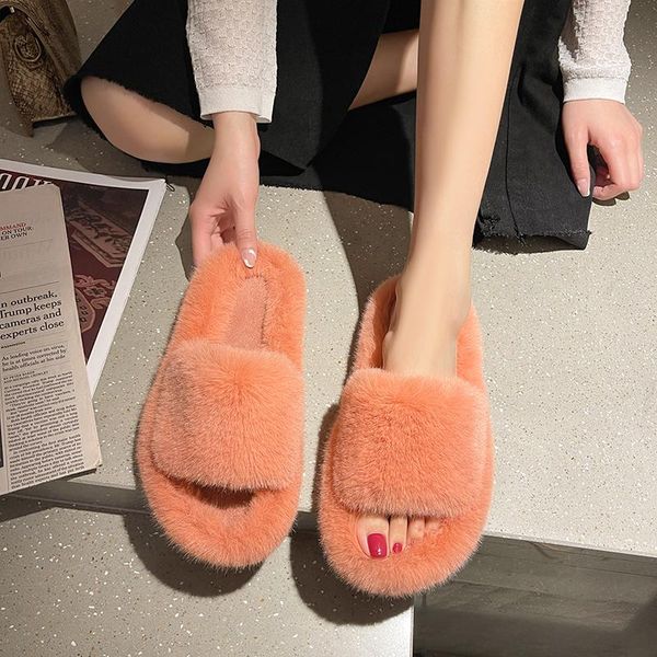 

slippers indoor women fur fluffy soft furry slides thick flats heel non slip house shoes ladies luxury design footwear whosale w, Black
