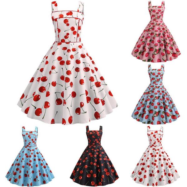 

casual dresses women vintage cherry strawberry print evening party prom swing dress square collar ladies long maxi robe a-line pleated vesti, Black;gray