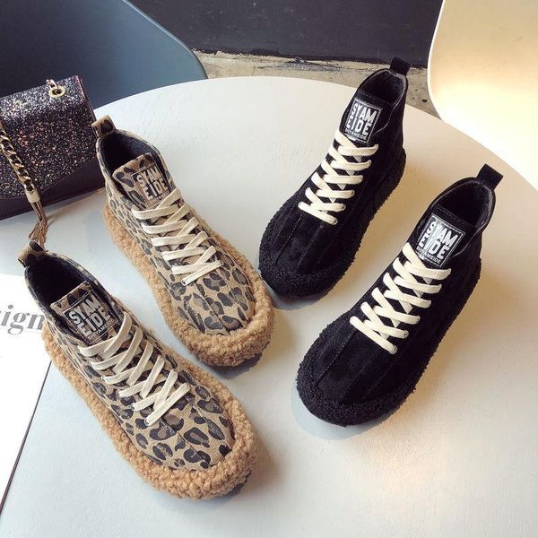 

boots shoes woman plus size leopard flat high women's winter velvet cotton fluffy luxury fashion platform heels, Black