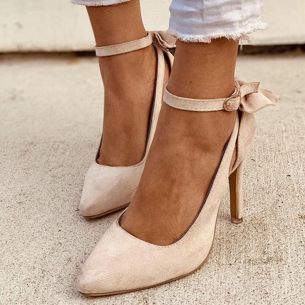 

2021 women bow pumps ladies pointed toe high heels female ankle buckle shoes woman wedding dress footwear plus size, Black