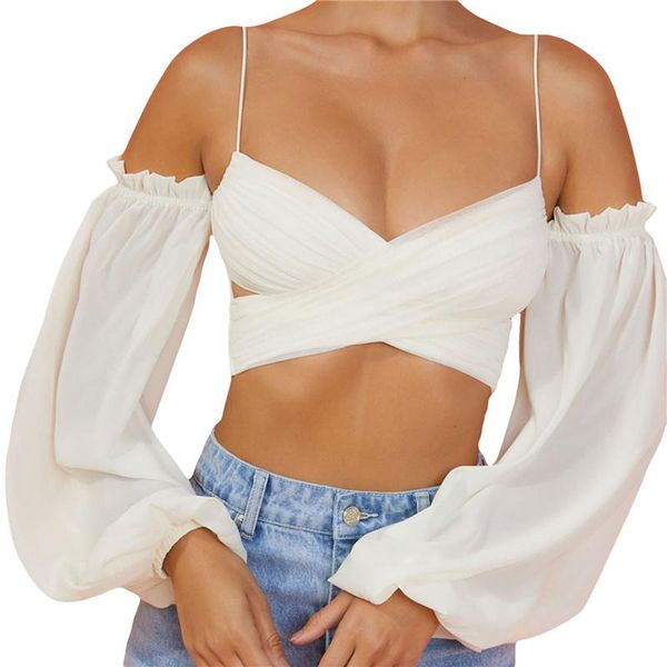 

women's t-shirt women lantern sleeve crop vintage clothes off shoulder spaghetti strap cross wrap t-shirts elegant office lady shi, White