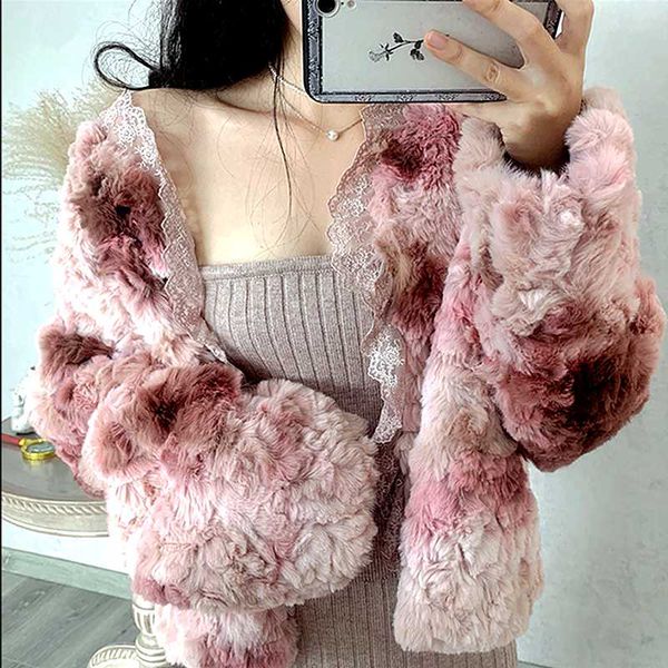 

women's fur & faux floral coats women 2021 winter fashion pink coat lace patchwork thick warm outerwear fake woman jacket sy185, Black