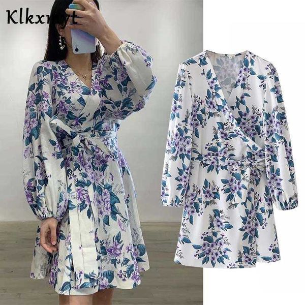 

klkxmyt za dress women sweet floral print casual a line mini dresses female v neck with sashes ruffles chic kimono vestidos 210527, Black;gray