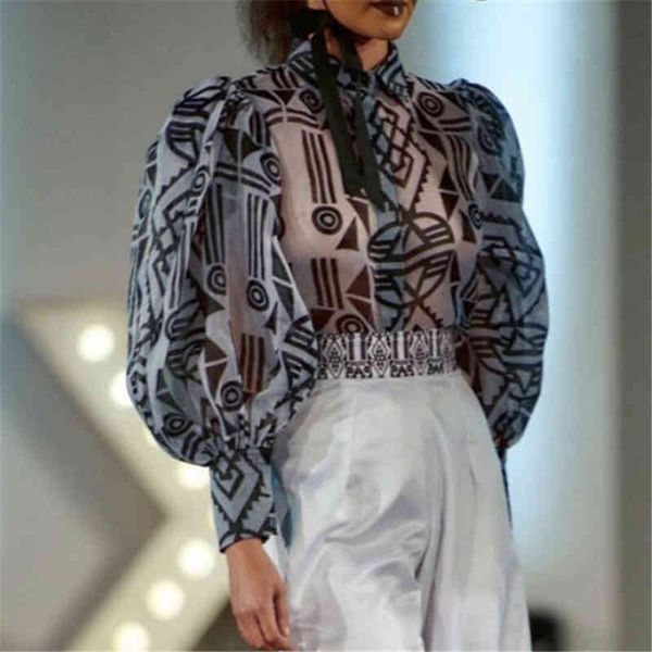 

women's knits & tees printed shirt blouses transparent see through bluas puff long sleeves female large size fall elegan, White