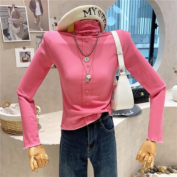 

women's t-shirt clothing 2021 autumn winter half high collar bottomed shirt long sleeve irregular button top, White