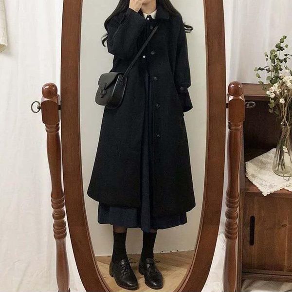 

women's wool & blends long woolen overcoat 2021 autumn and winter korean ins temperament elegant office ladies over-the-knee outwear, Black
