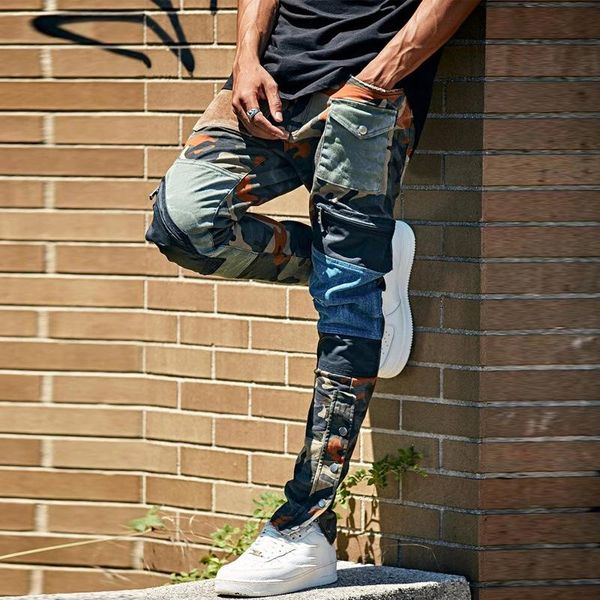 

men's jeans hip hop streetwear patchwork brand straight ripped hole for 2021 fashion distressed moto bike vintage, Blue
