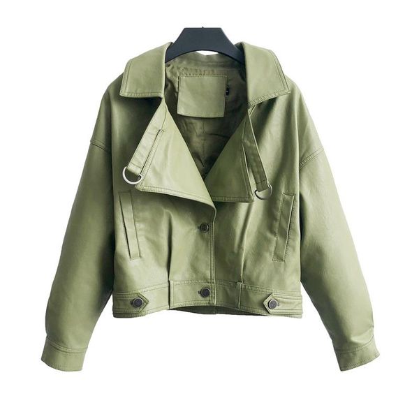 

leather women's short jackets european style loose turn down collar motorcycle 2021 spring autumn ladies coat, Black;brown